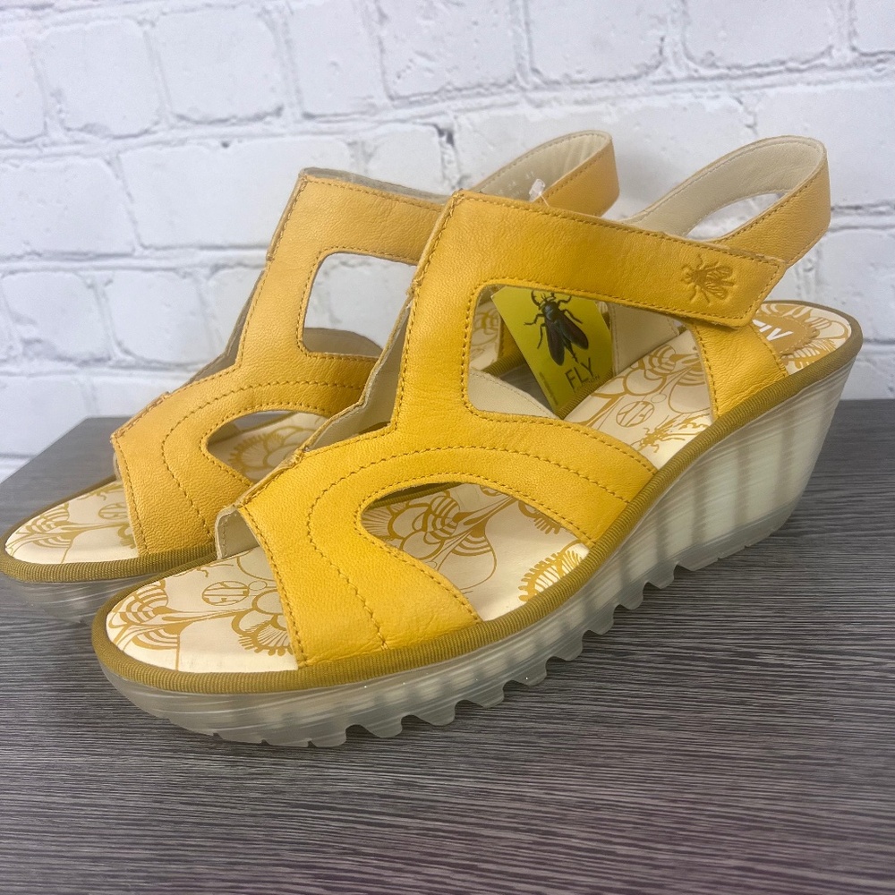 Fly London Yellow Leather Wedge Sandals